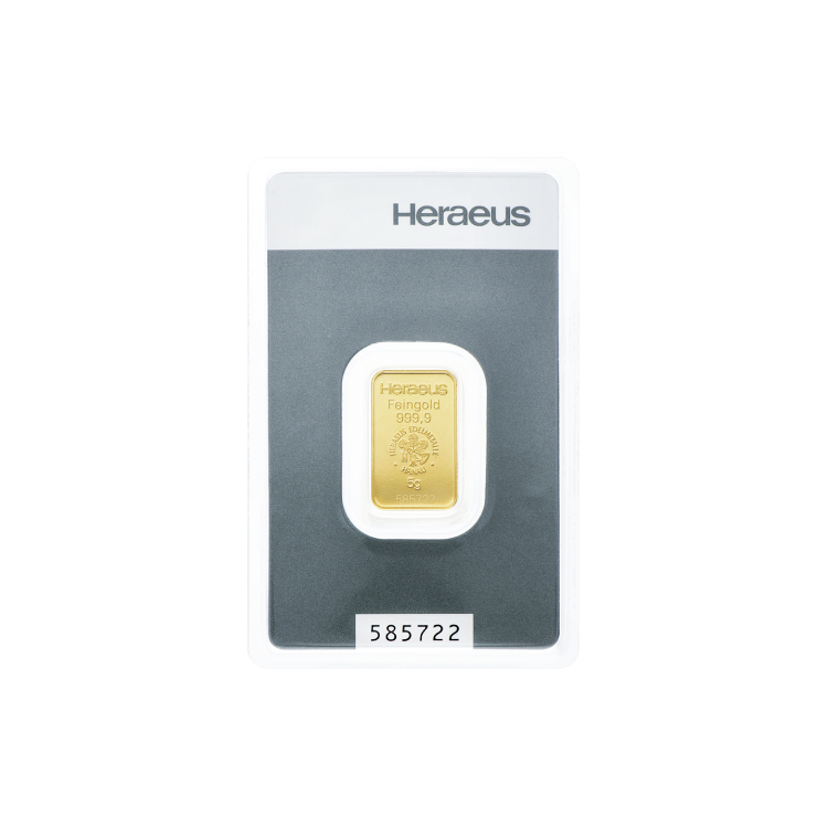 5 Grams gold bar Heraeus front