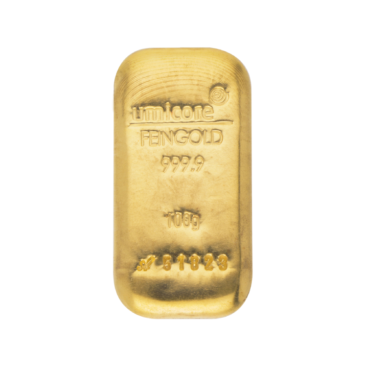 Umicore gold bar 100 grams with certificate front