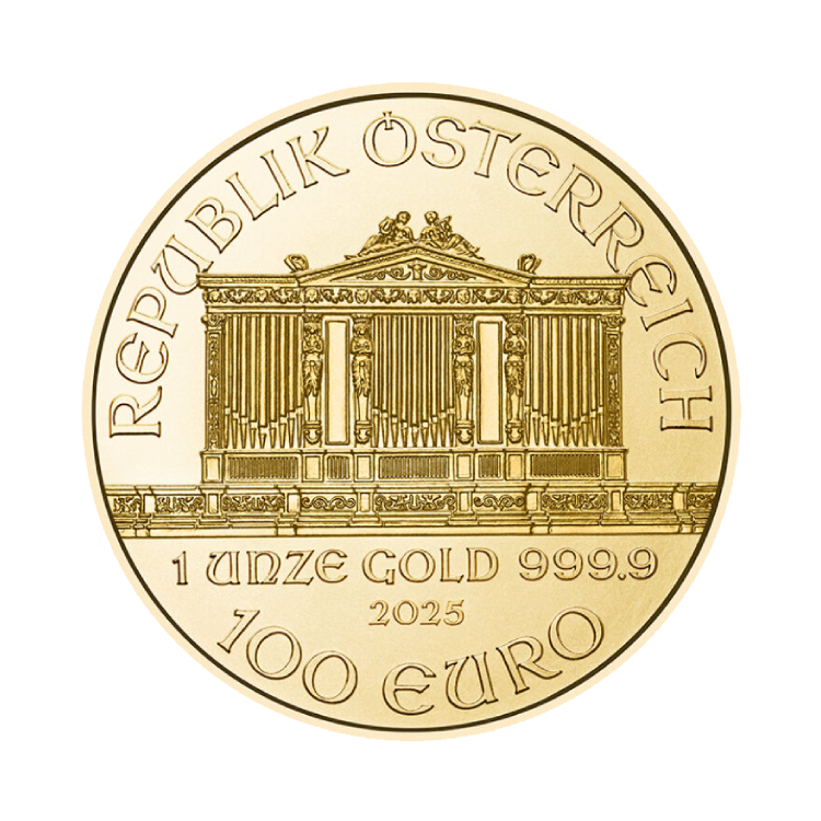 Voorkant gouden Philharmoniker munt 2025