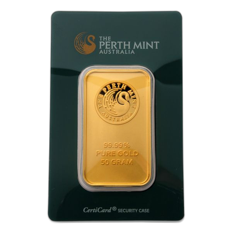 Goudbaar 50 gram Perth Mint achterkant