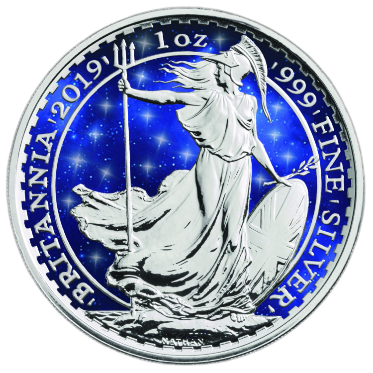 1 Troy ounce zilveren munt Glowing Galaxy Britannia 2019 voorkant
