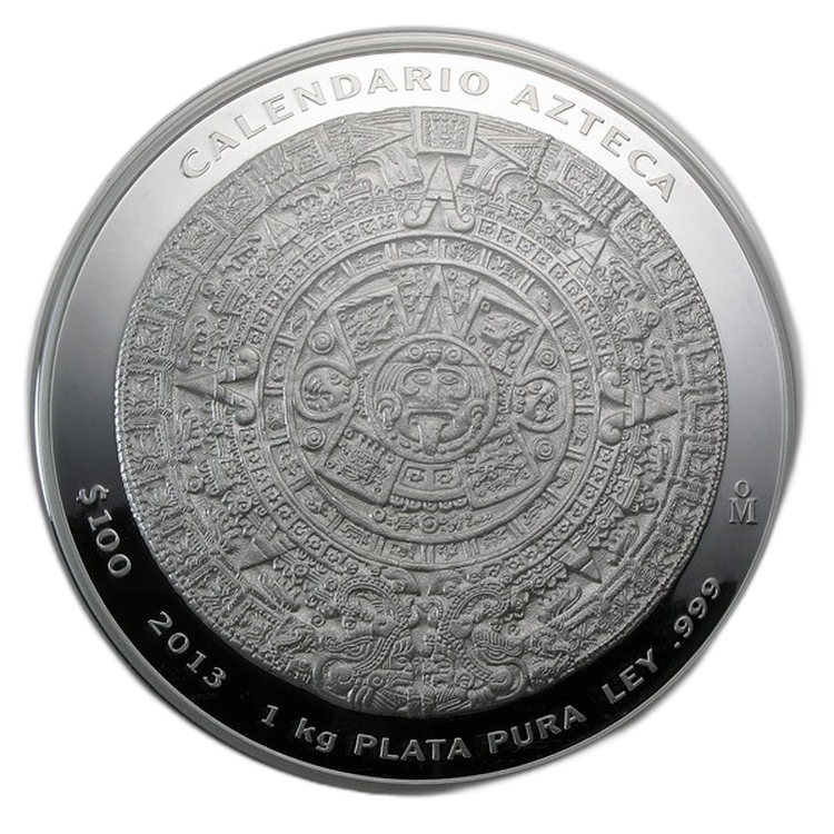 1 kilo zilver proof munt Azteken kalender voorkant
