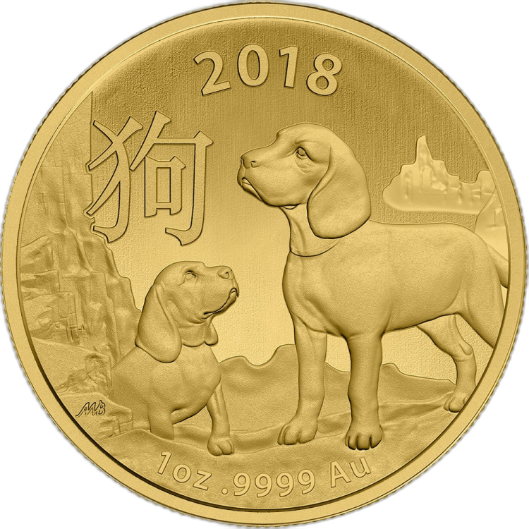 1 Troy ounce gouden munt China Lunar 2018 voorkant