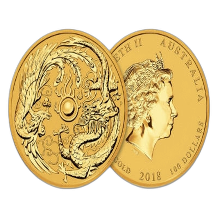 1 Troy ounce gouden munt Dragon Phoenix 2018 voorkant