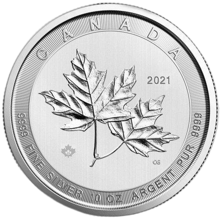 10 Troy ounce silver coin Maple Leaf 2021 front