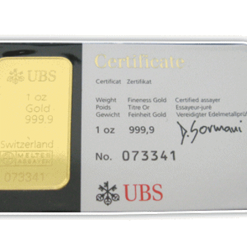 UBS gold bar 1 troy ounce kinebar front