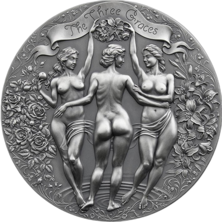 2 troy ounce zilveren munt Three Graces 2020 voorkant