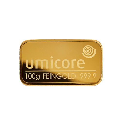 100 Grams 99,99 gold bar Umicore front