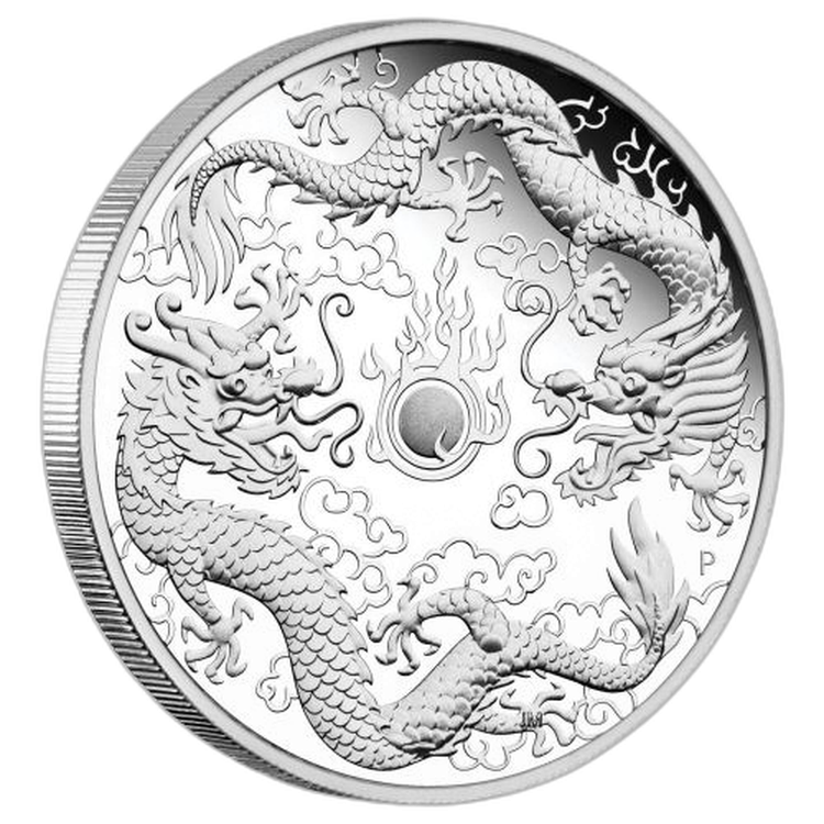 1 Troy ounce zilveren munt Double Dragon Proof 2020 voorkant