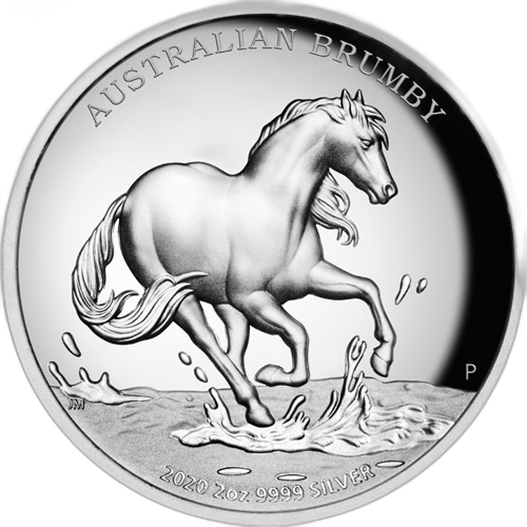 2 troy ounce zilveren munt Australische Brumby 2020 Proof voorkant