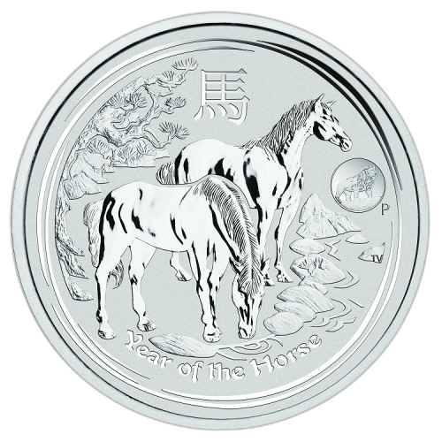 Zilveren 1 troy ounce Lunar munt 2014 - privy mark voorkant