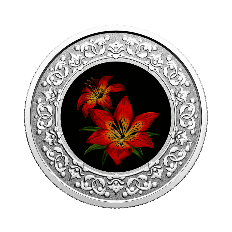 Silver coin Flower emblems of Canada Saskatchewan front