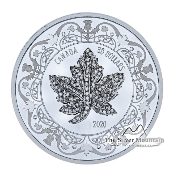 Zilveren munt Maple Leaf Canadese esdoornblad broche legacy 2020 voorkant