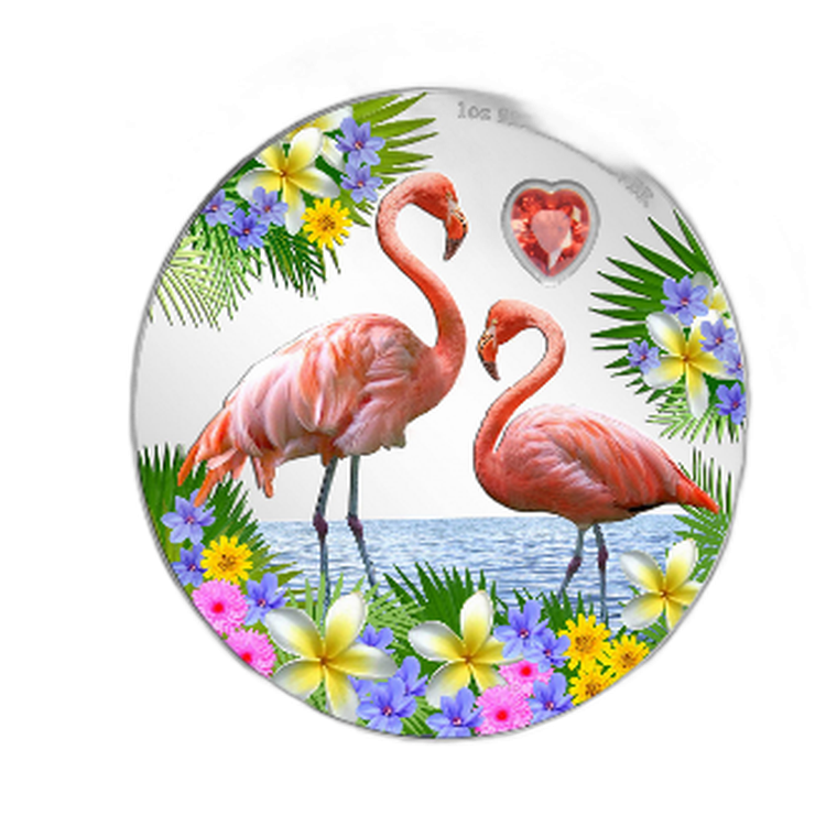 1 troy ounce zilveren munt Love is Precious - Flamingo's 2021 Proof voorkant