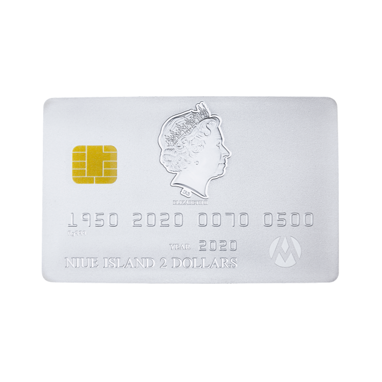 1,5 troy ounce zilveren credit card munt 2020 voorkant