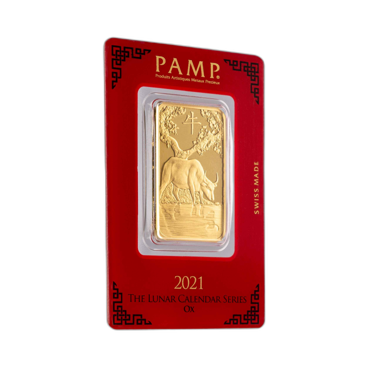 1 Troy ounce goudbaar Pamp Suisse Lunar jaar van de os 2021 voorkant