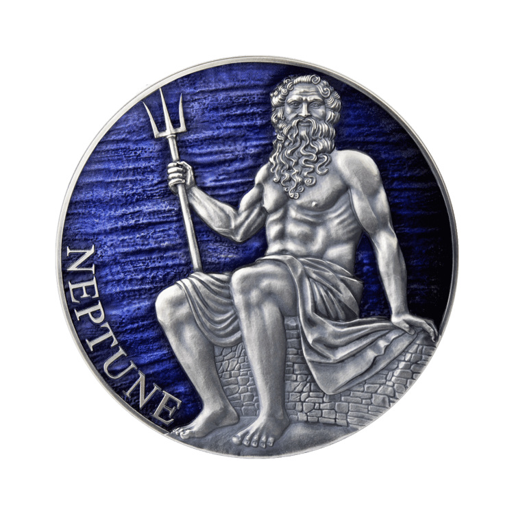 3 troy ounce zilveren munt Neptunus planeten en goden serie 2021 voorkant