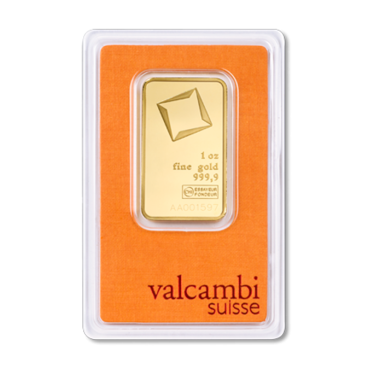 Goldbar 1 troy ounce 99,99% Gold Valcambi front