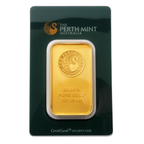 100 grams 99,99 Perth Mint gold bar front