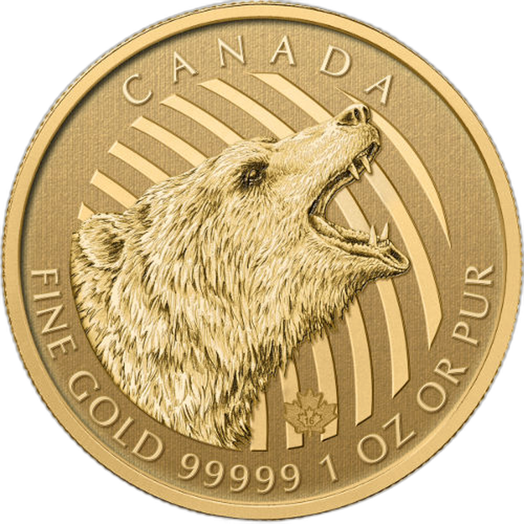 1 troy ounce gouden munt Grizzly Bear 2016 voorkant