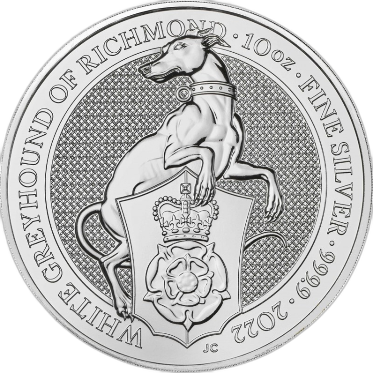 10 Troy ounce zilveren munt Queens Beasts White Greyhound voorkant