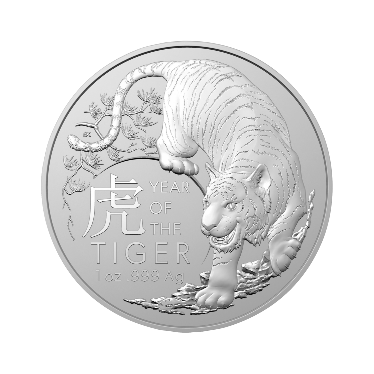 1 troy ounce zilveren munt Lunar RAM serie Tijger 2022 voorkant