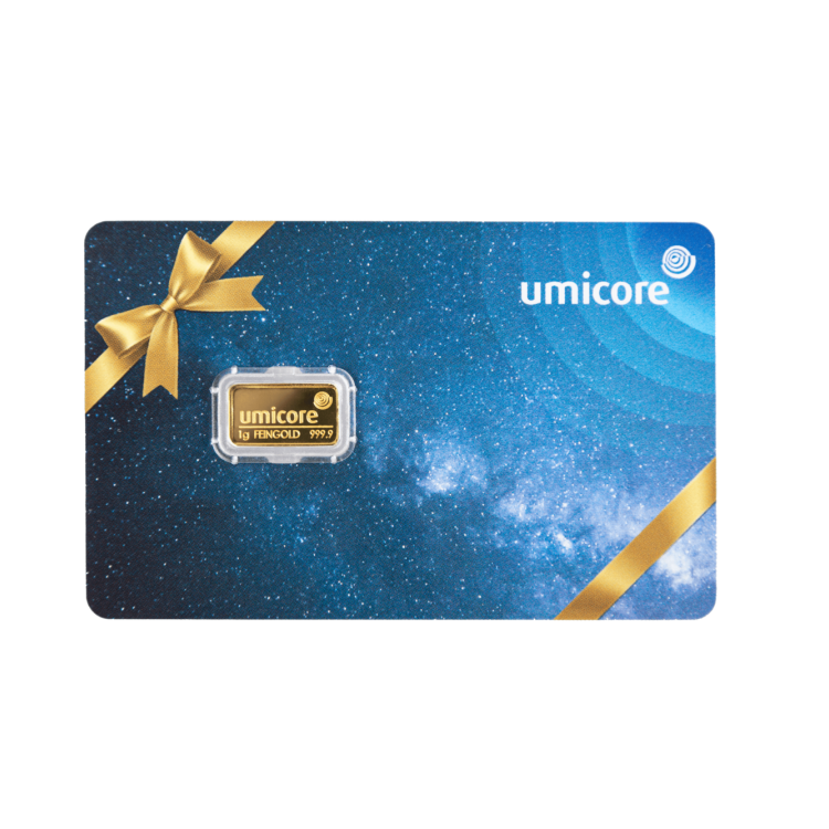 1 gram gold bar Umicore gift card front