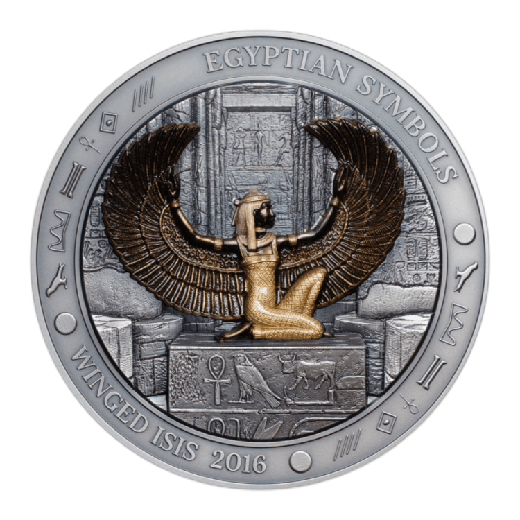 3 Troy ounce zilveren Egyptische Godin Isis munt 2016 voorkant