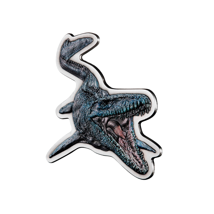 2 troy ounce zilveren munt Jurassic World - Mosasaurus 2022 voorkant