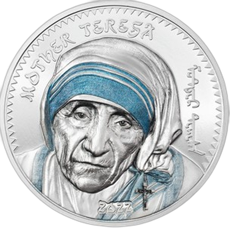 1 troy ounce zilveren munt Moeder Teresa 2022 voorkant