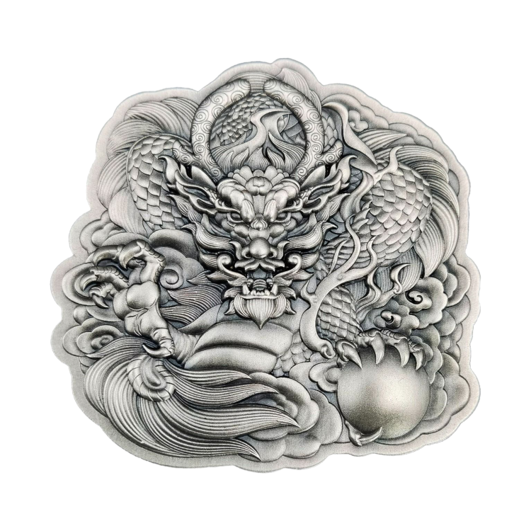 2 troy ounce zilveren munt Fiji Dragon Shaped High Relief Antiqued 2022 voorkant