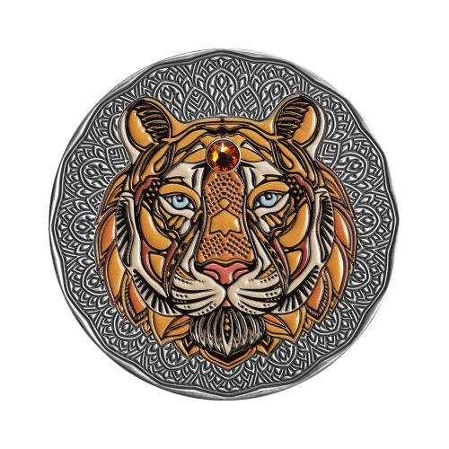 2 troy ounce silver Mandala Tiger coin antique finish 2022 front