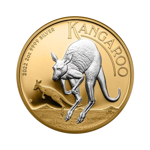 2 troy ounce Silver coin Australian kangaroo 2022 reverse gilded front