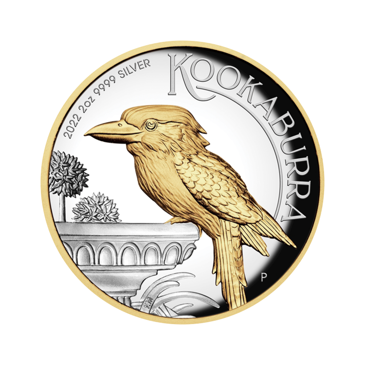 2 troy ounce zilveren munt Kookaburra Verguld hoog reliëf 2022 voorkant