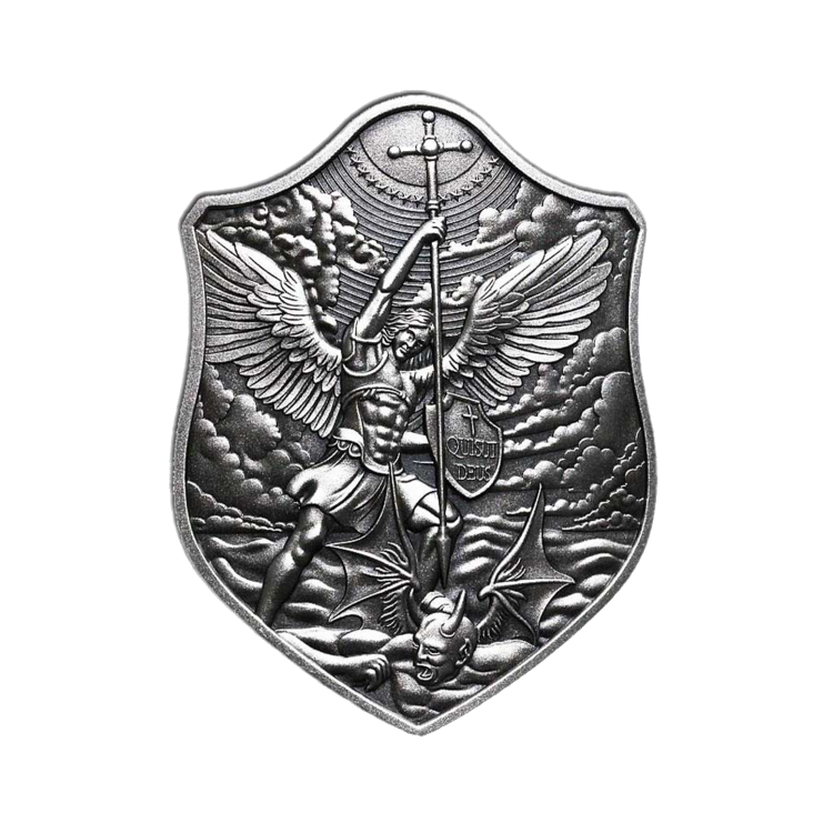 1 kilo zilveren munt St. Michael Shield stacker antieke afwerking 2022 voorkant