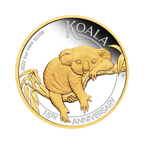 3 troy ounce zilveren munt Koala verguld 2022 - 15-jarig jubileum voorkant