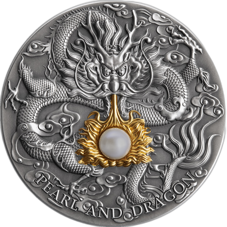 2 troy ounce silver coin Pearl and Dragon - antique finish 2022 front