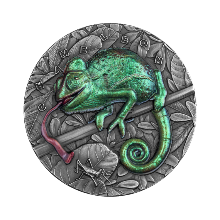 3 troy ounce zilveren munt Geweldige Dieren Kameleon - antieke afwerking 2021 voorkant