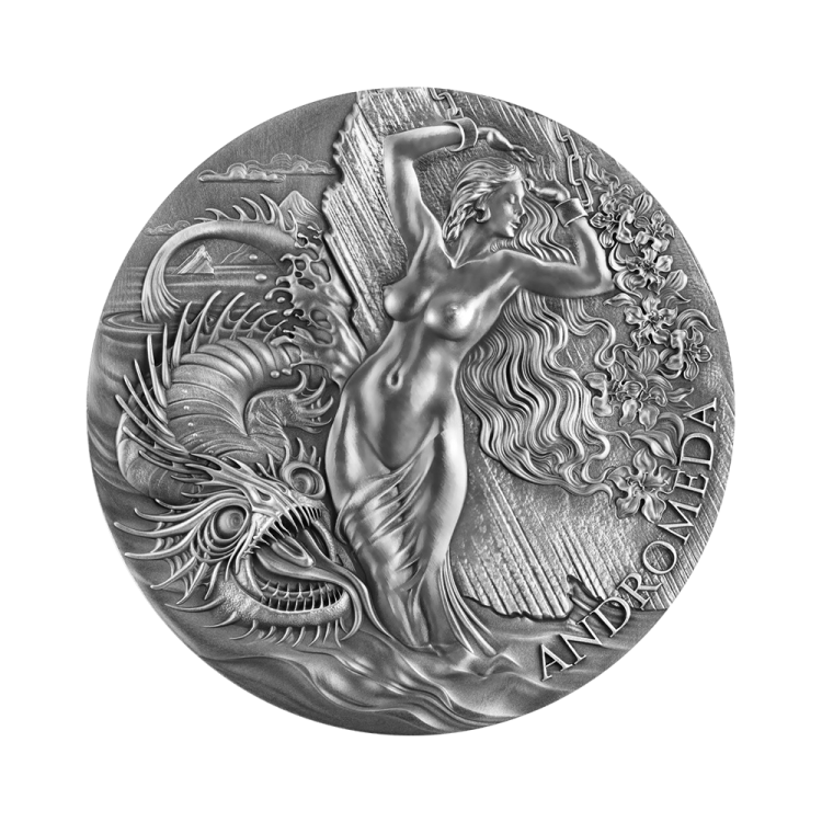 2 Troy ounce zilveren munt Andromeda en het Zeemonster - antieke afwerking 2022 voorkant