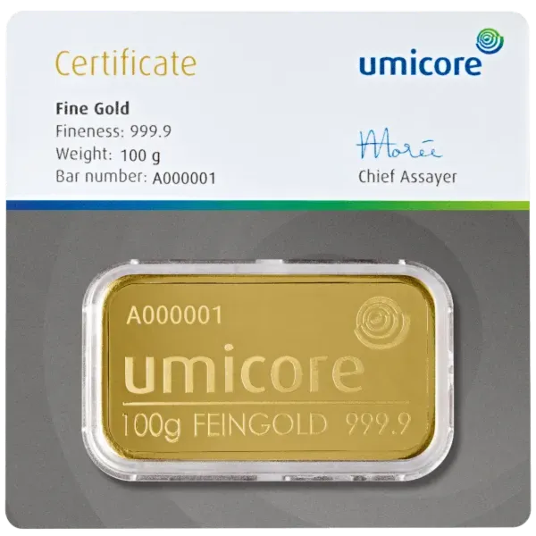 Umicore gold bar of 100 gram